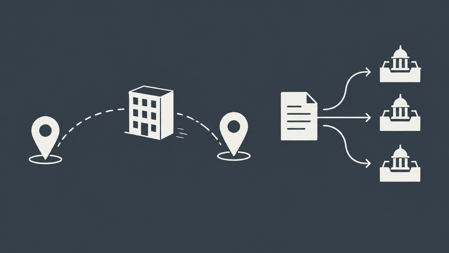 Flat illustration of an office building moving between map pins as documents enter separate filing trays for a California corporation change of address.
