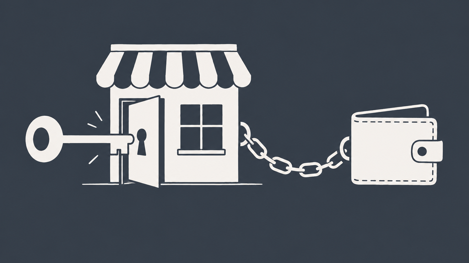 Flat illustration of a single key opening a storefront connected to a personal wallet, representing a sole proprietorship.