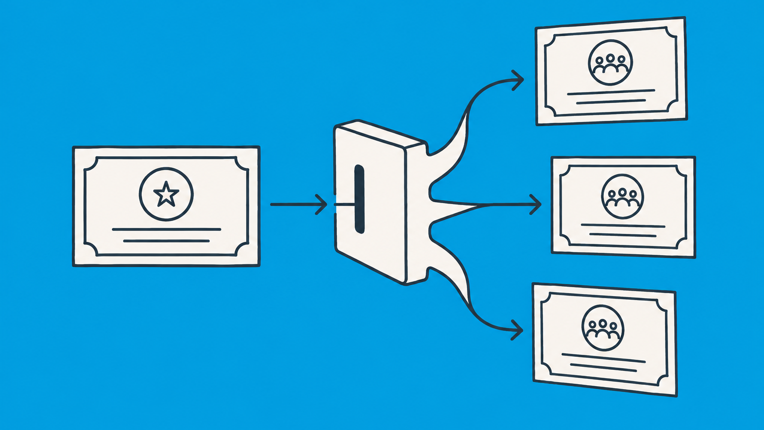 Flat illustration of a preferred share certificate converting into several common share certificates to represent convertible preferred stock.