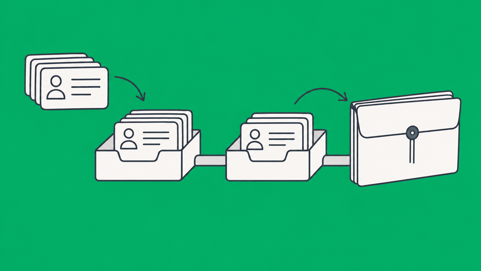 Flat illustration of professional license cards passing through agency filing trays into a sealed folder for New York PLLC formation.