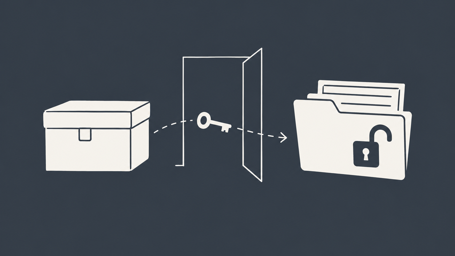 Flat illustration of a key crossing a threshold toward an unlocked document folder to represent the age of majority.