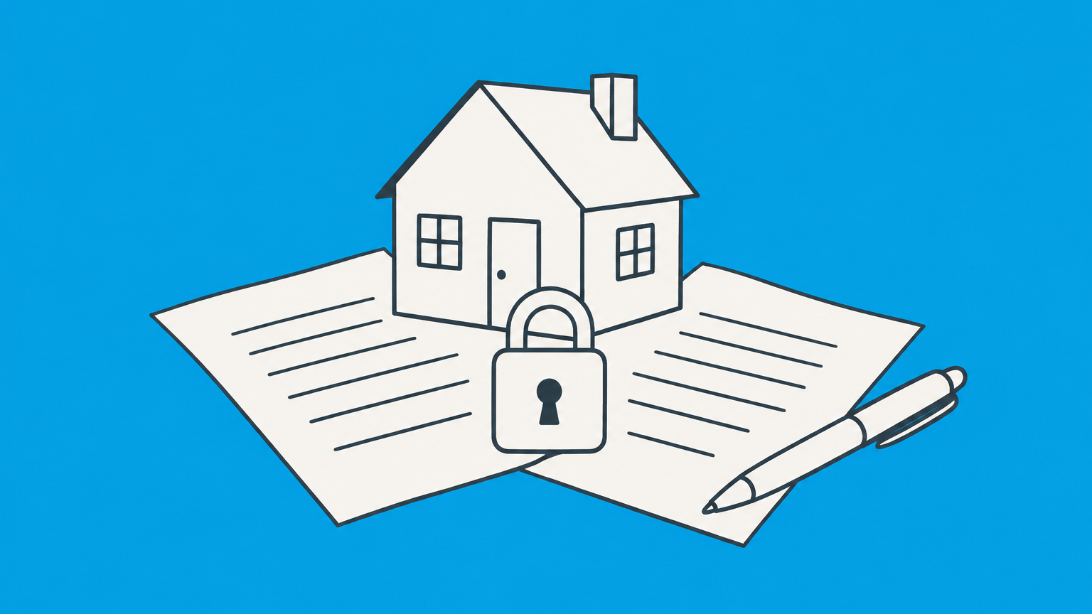 Flat illustration of a house on interlocking contract sheets secured by a padlock, representing real estate contract laws.