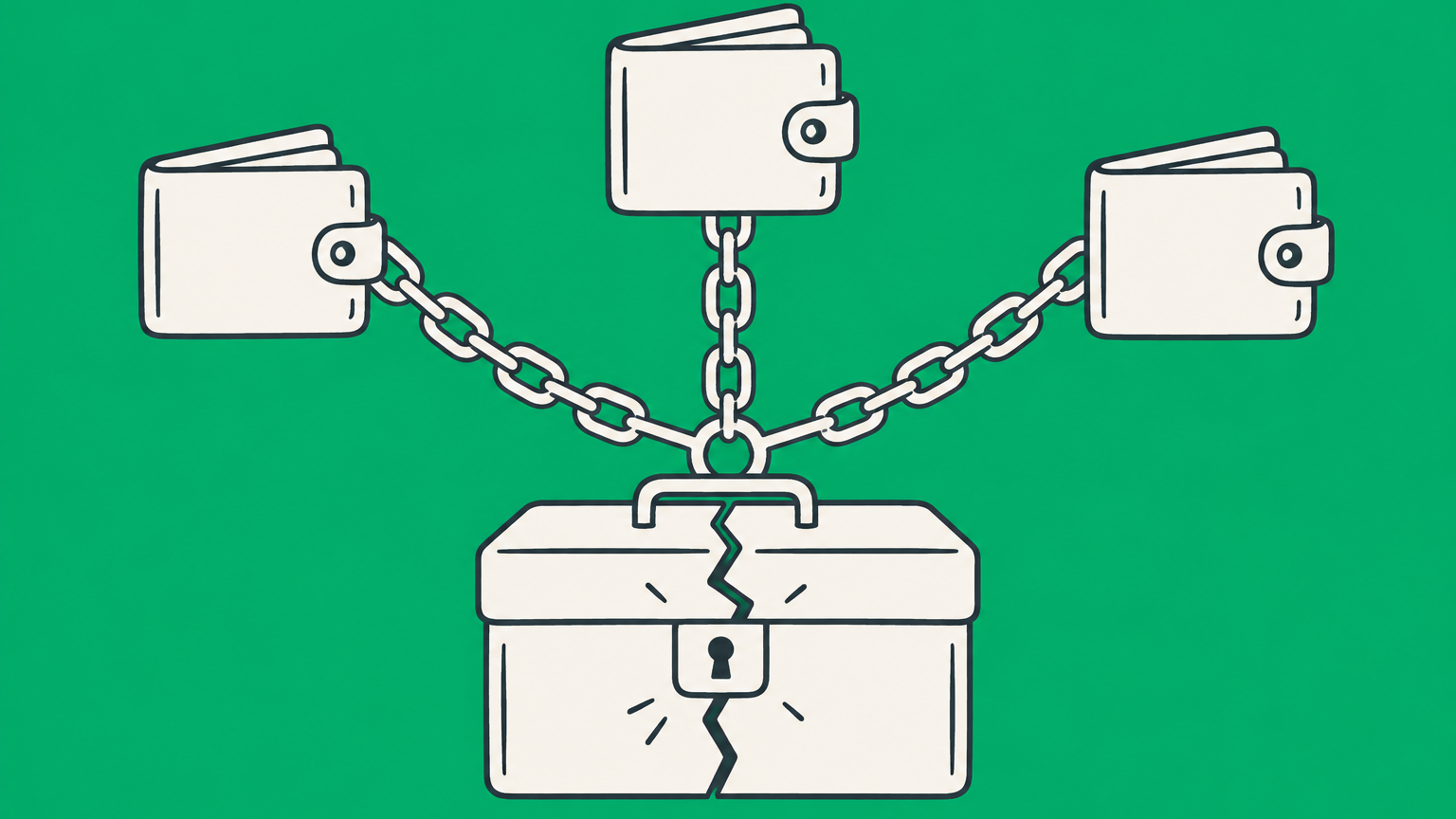 Flat illustration of three wallets chained to a cracked cash box, representing general partnership joint and several liability.