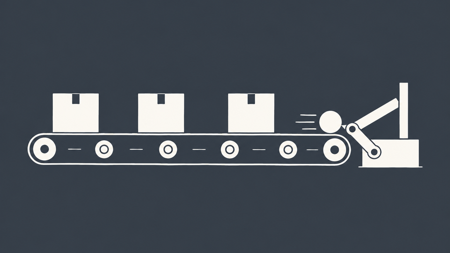 Flat illustration of a conveyor belt stopped by a triggered cutoff lever, representing a condition subsequent in contract law.