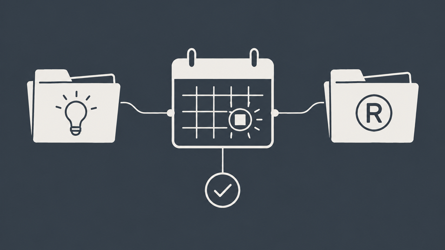 Flat illustration of a calendar connecting patent and trademark folders to deadline alerts and verification checks for IP docketing.