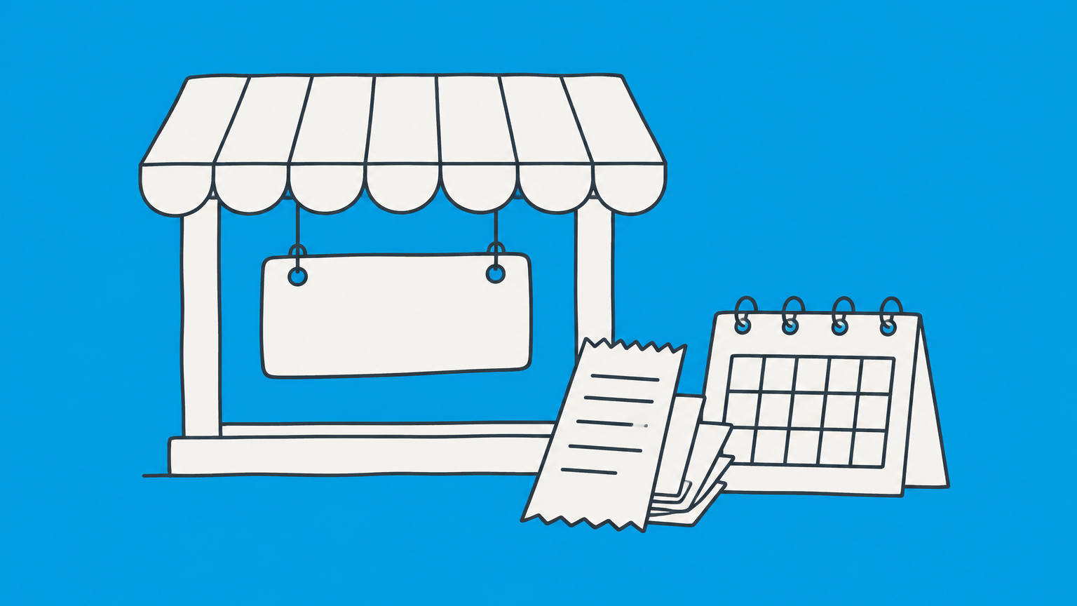 Flat illustration of a storefront nameplate, filing receipts, and a renewal calendar representing DBA cost.