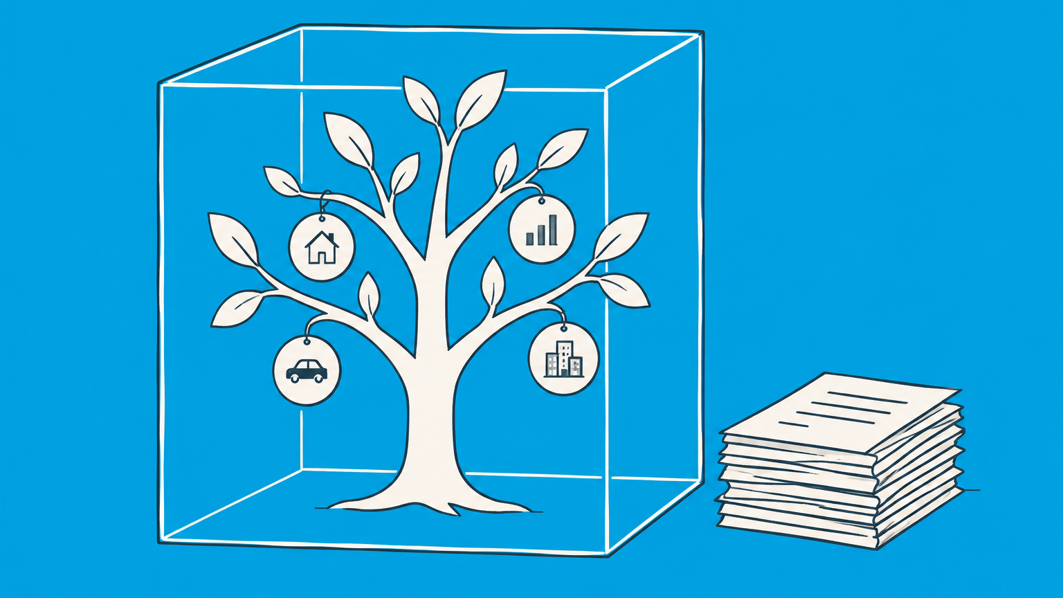 Flat illustration of a protected branching tree with ownership tokens and filing papers representing a corporation.