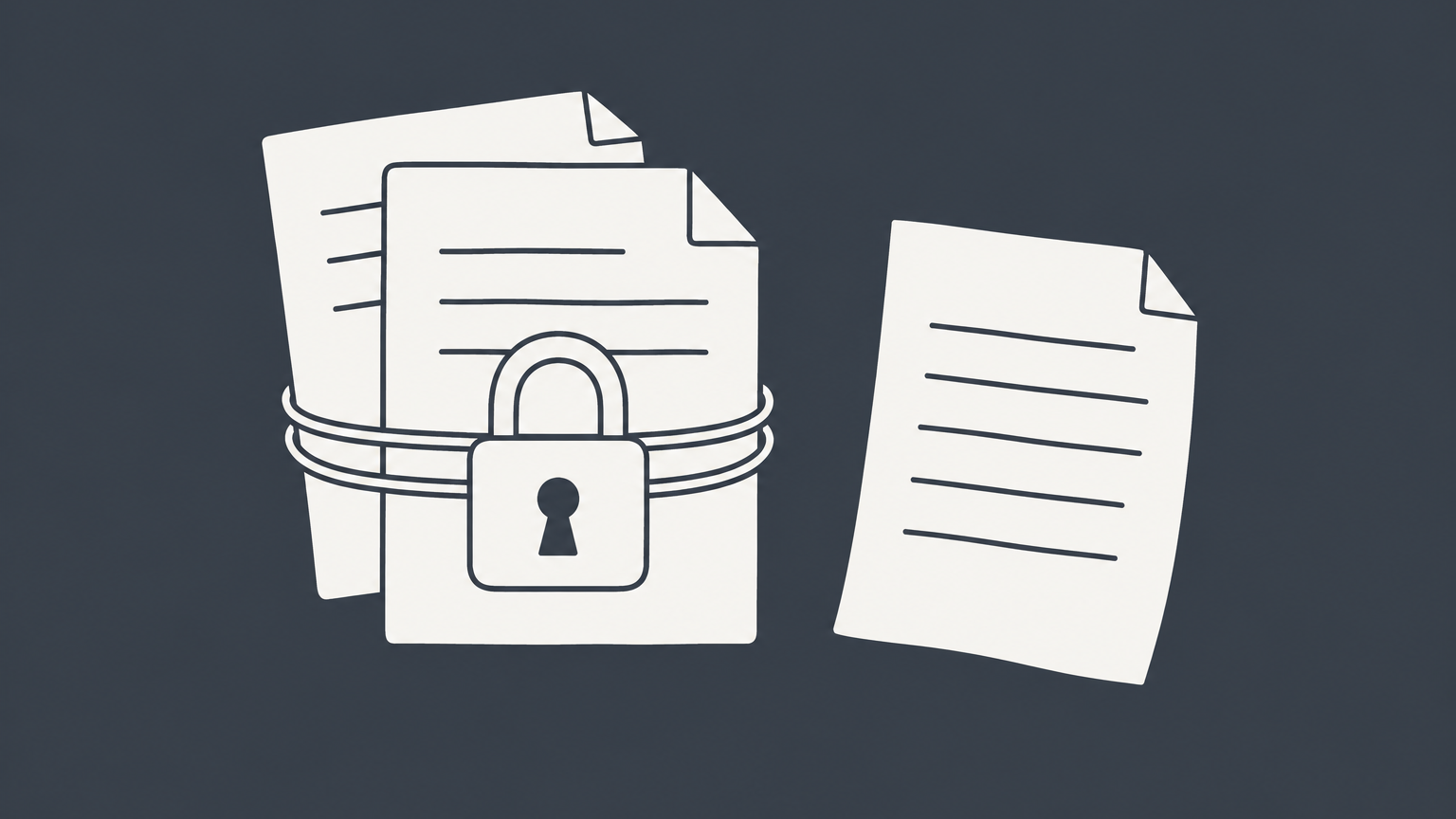Flat illustration of interlocking document sheets secured by a padlock to represent what makes an agreement enforceable by law.