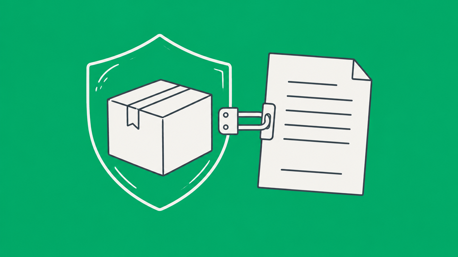 Flat illustration of a protected package fastened to a contract page, representing a warranty in contract law.