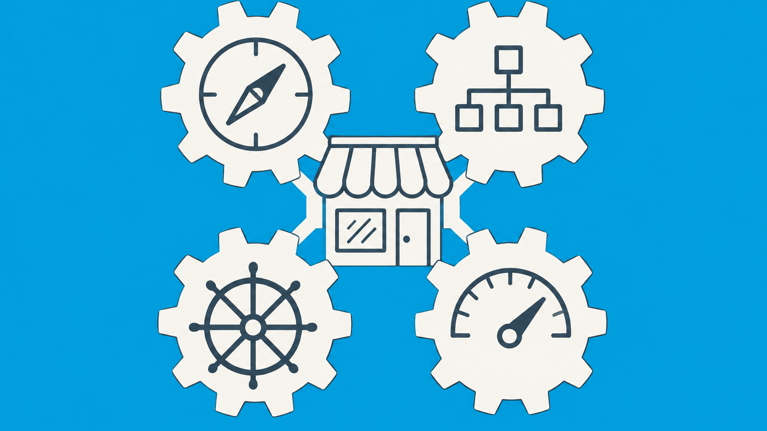 Flat illustration of four interlocking gears representing the four functions of business management around a small storefront.