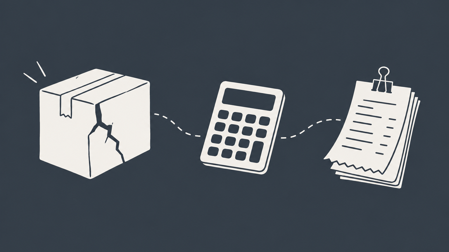 Flat illustration of a cracked delivery box, calculator, and documented receipts representing proof and calculation of actual damages.