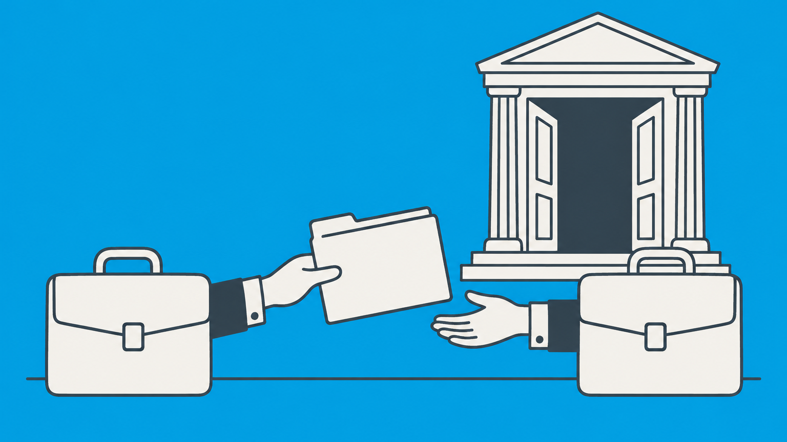 Flat illustration of a case folder moving between two briefcases at a courthouse doorway to represent appearance counsel.