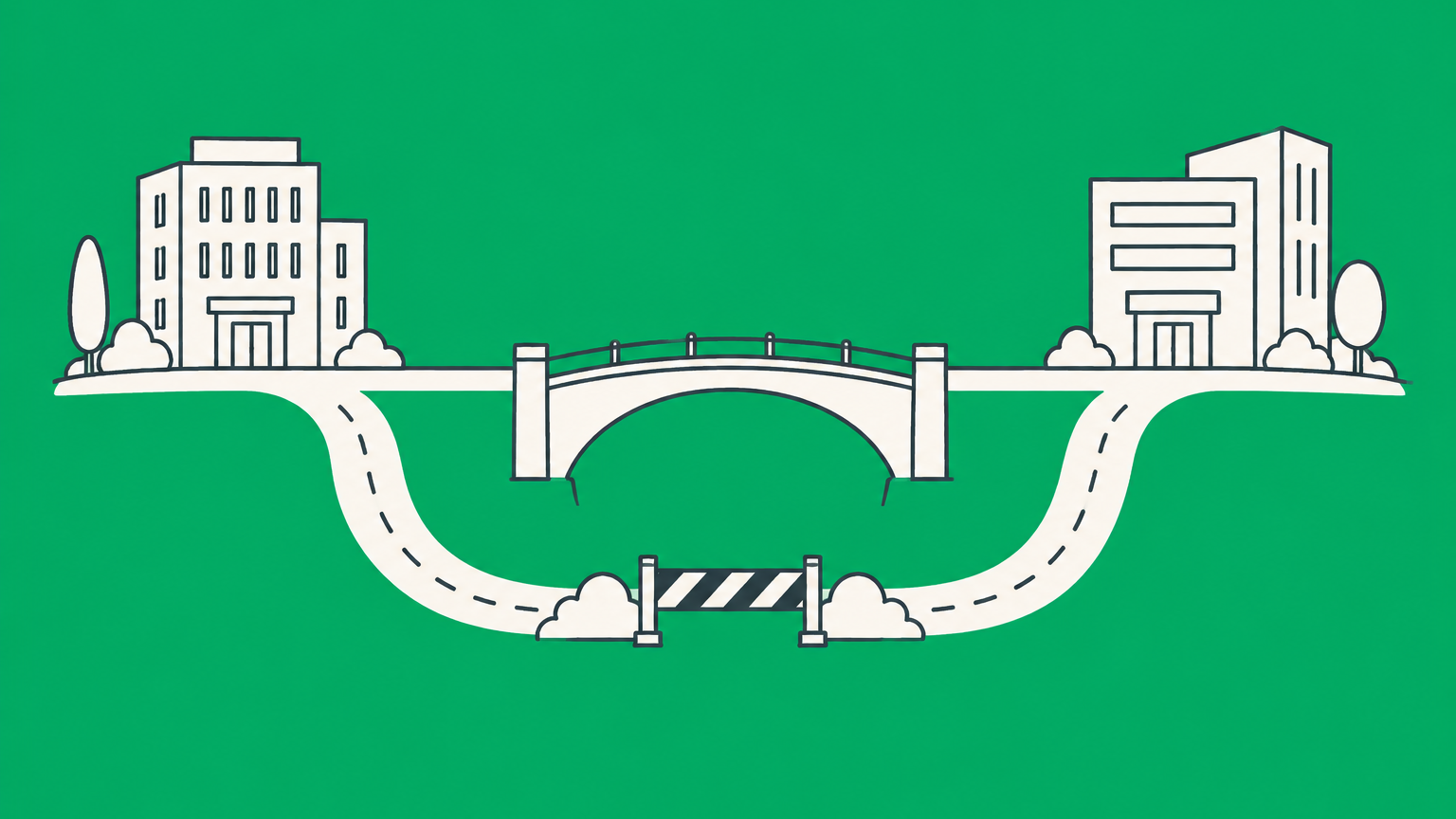 Flat illustration of two businesses linked by a protected bridge with a blocked shortcut, representing a non-circumvention clause.