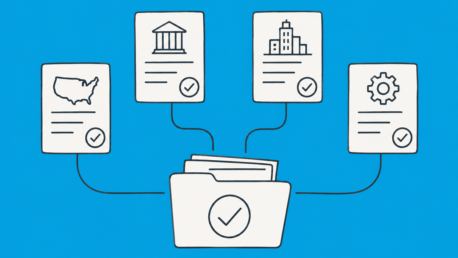Flat illustration of a central application folder branching into state, local, and specialty permit cards for a Nevada business license.