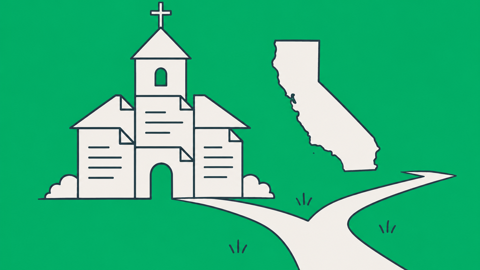 Flat illustration of a church assembled from document-shaped blocks beside California, representing how to start a church legally.