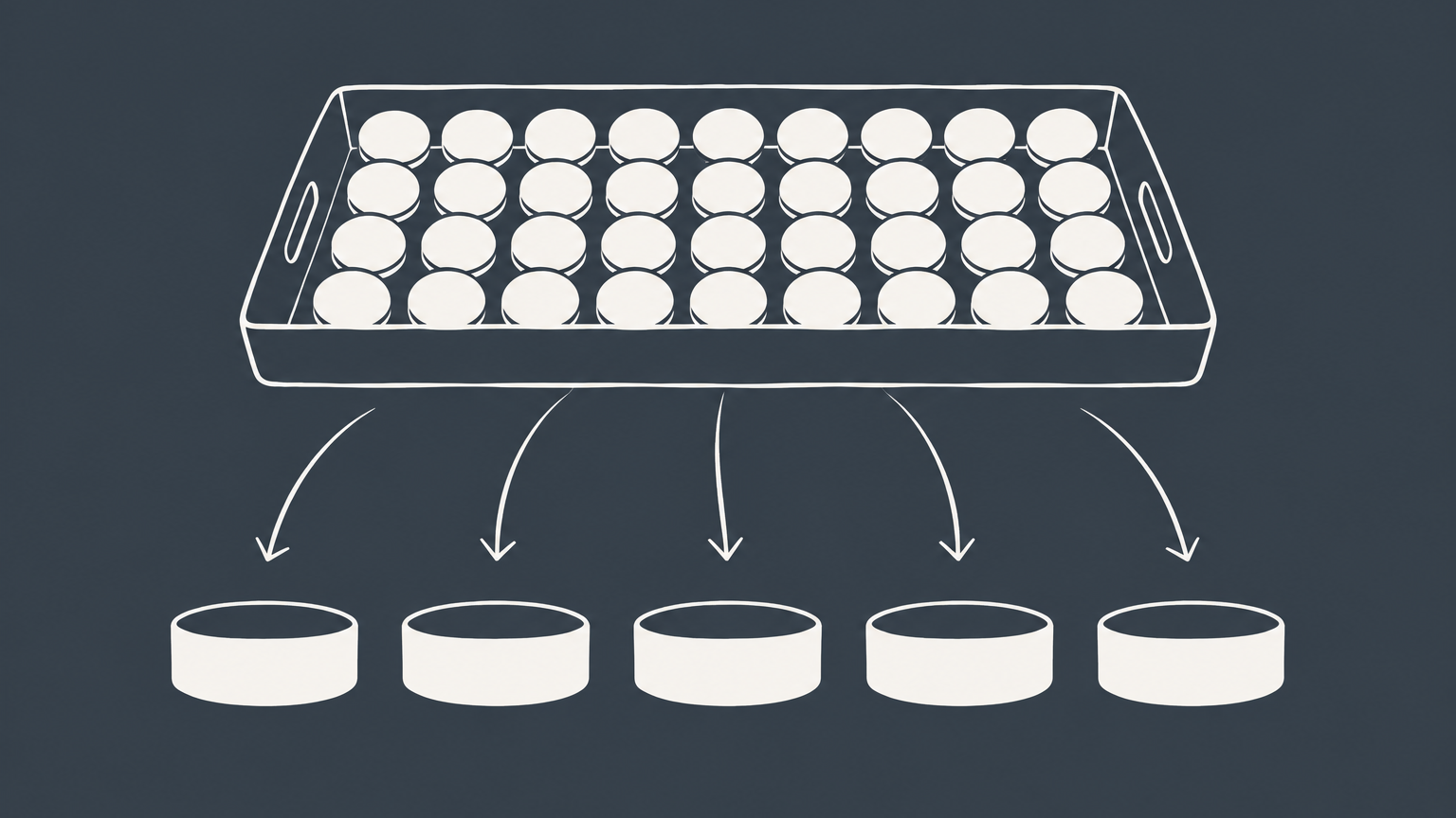 Flat illustration of identical tokens divided among a limited row of ownership slots to represent S corporation shares and the maximum number of shareholders.