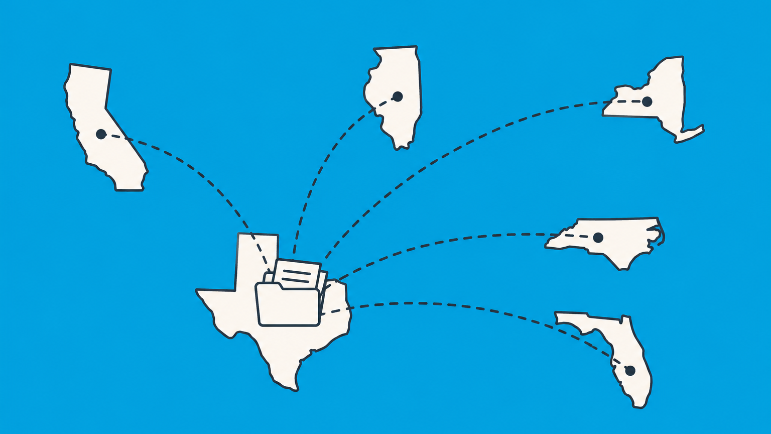 Flat illustration of a filing folder anchored to one state with routes to other states, representing state of incorporation.