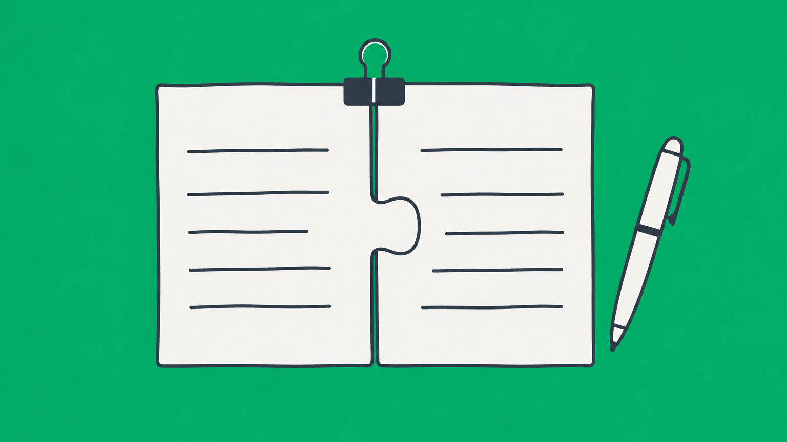 Flat illustration of two joined document sheets with matching edges and a pen representing a contract agreement between two parties.