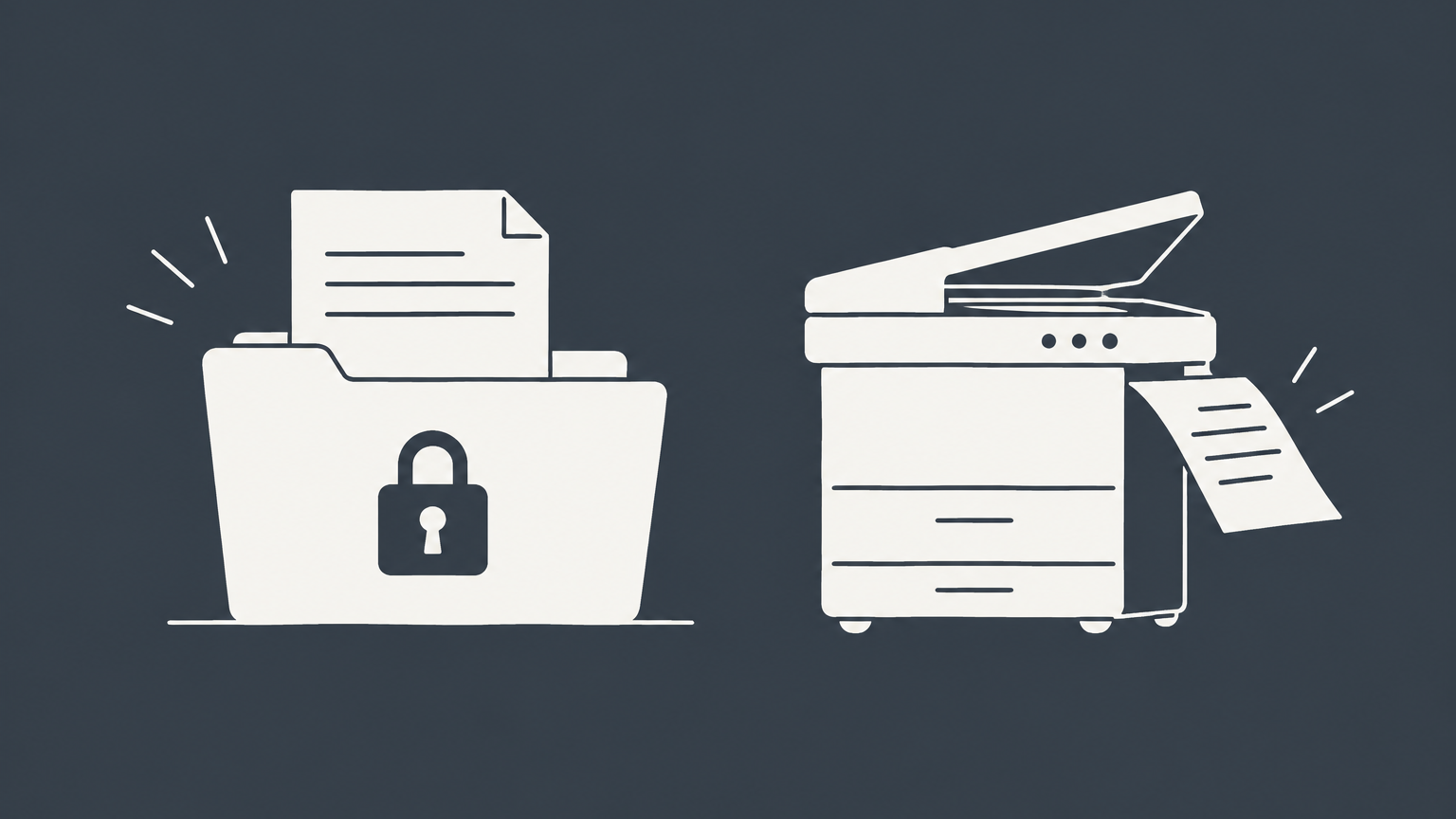 Flat illustration of a locked folder beside an unauthorized duplicate document representing intellectual property theft.
