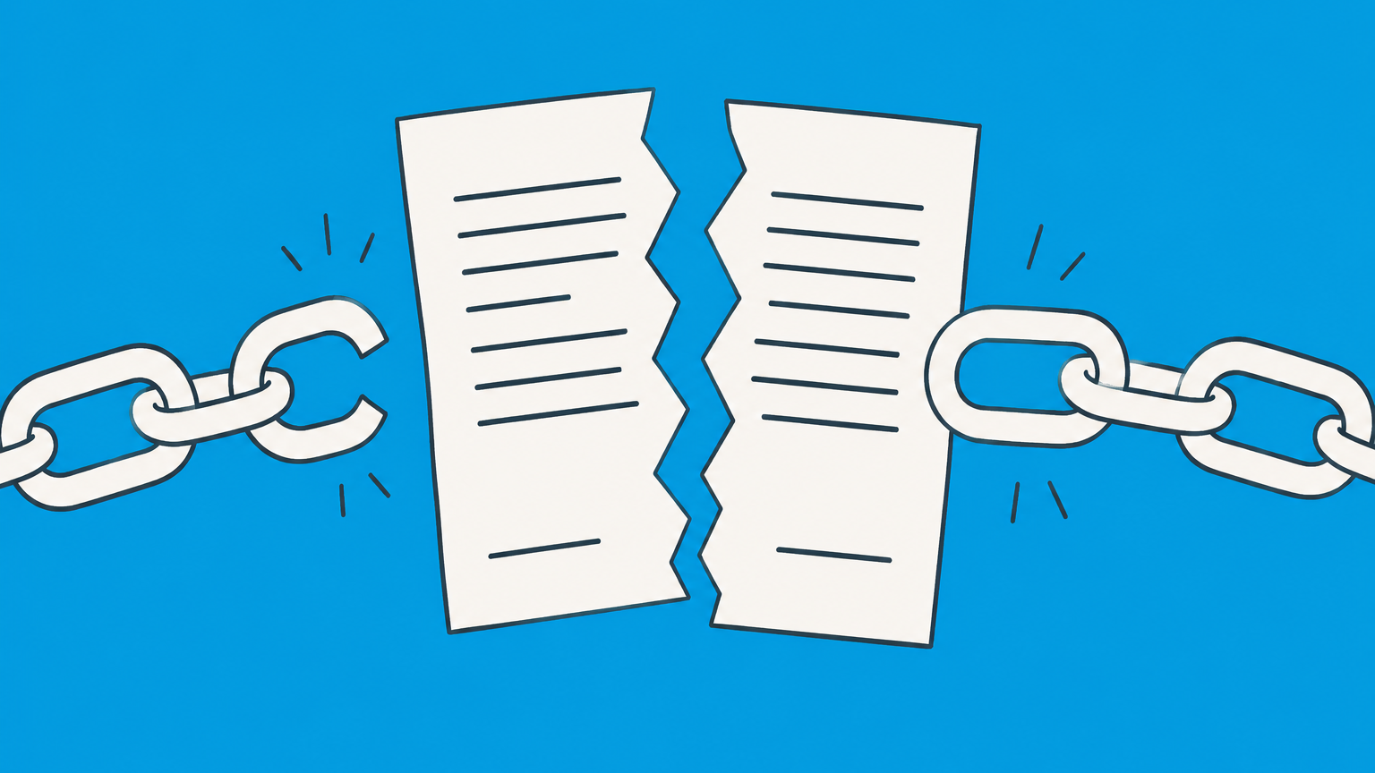 Flat illustration of a split contract page with an opened chain link and a reconnecting clasp representing breaking a law or contract.