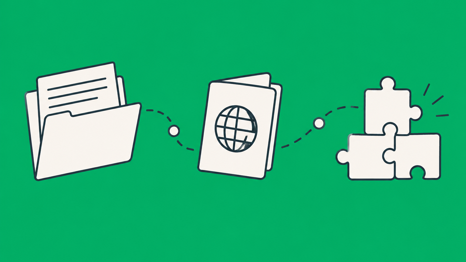 Flat illustration of a passport, an open filing folder, and interlocking ownership pieces representing how to open an LLC as a foreigner.