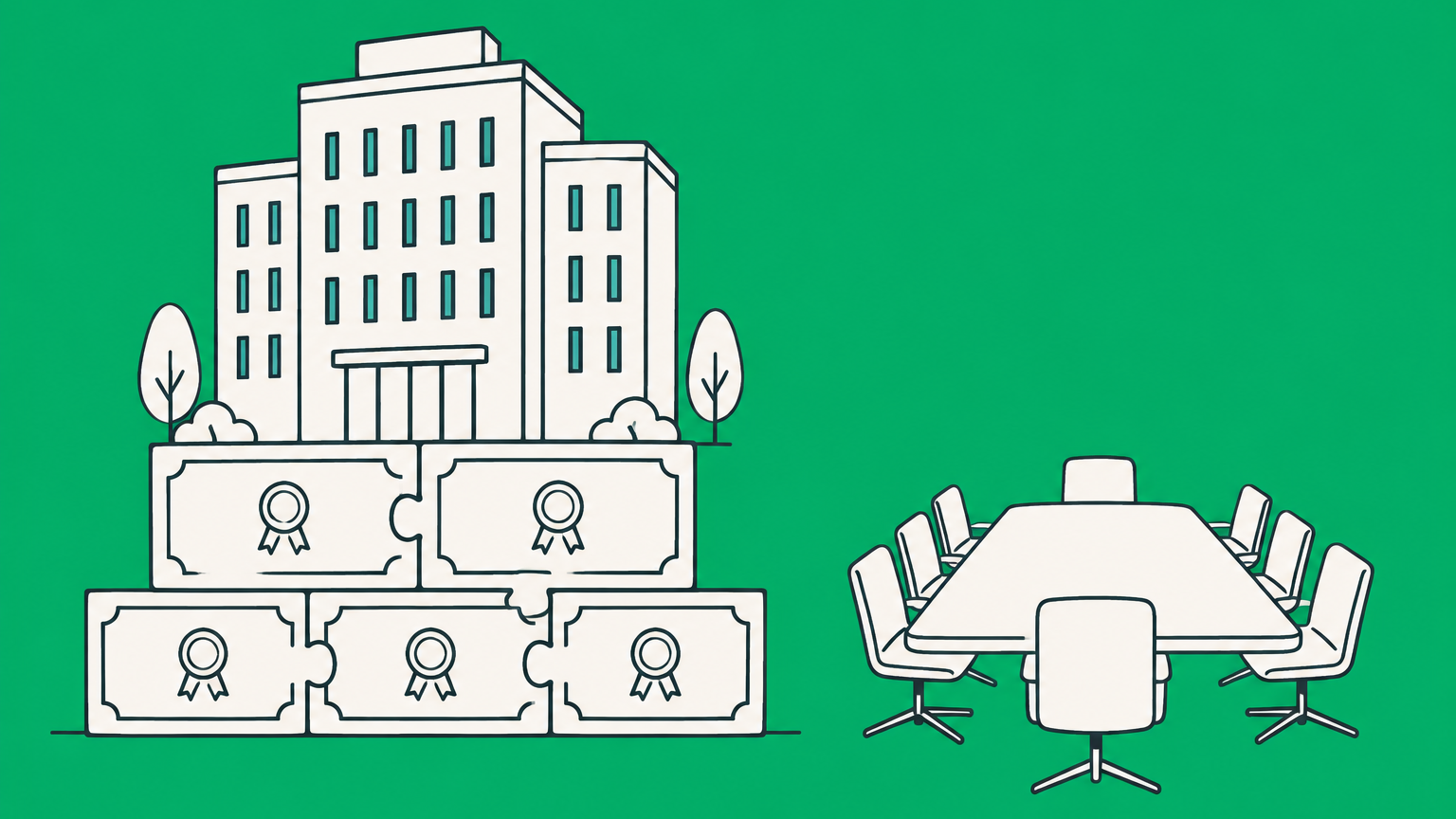 Flat illustration of an office building supported by interlocking stock-certificate tiles, representing who owns a corporation and how ownership differs from management.