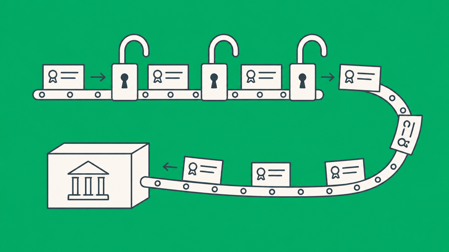 Flat illustration of share certificates passing through padlocks while unvested certificates can return to a company box, representing reverse vesting.