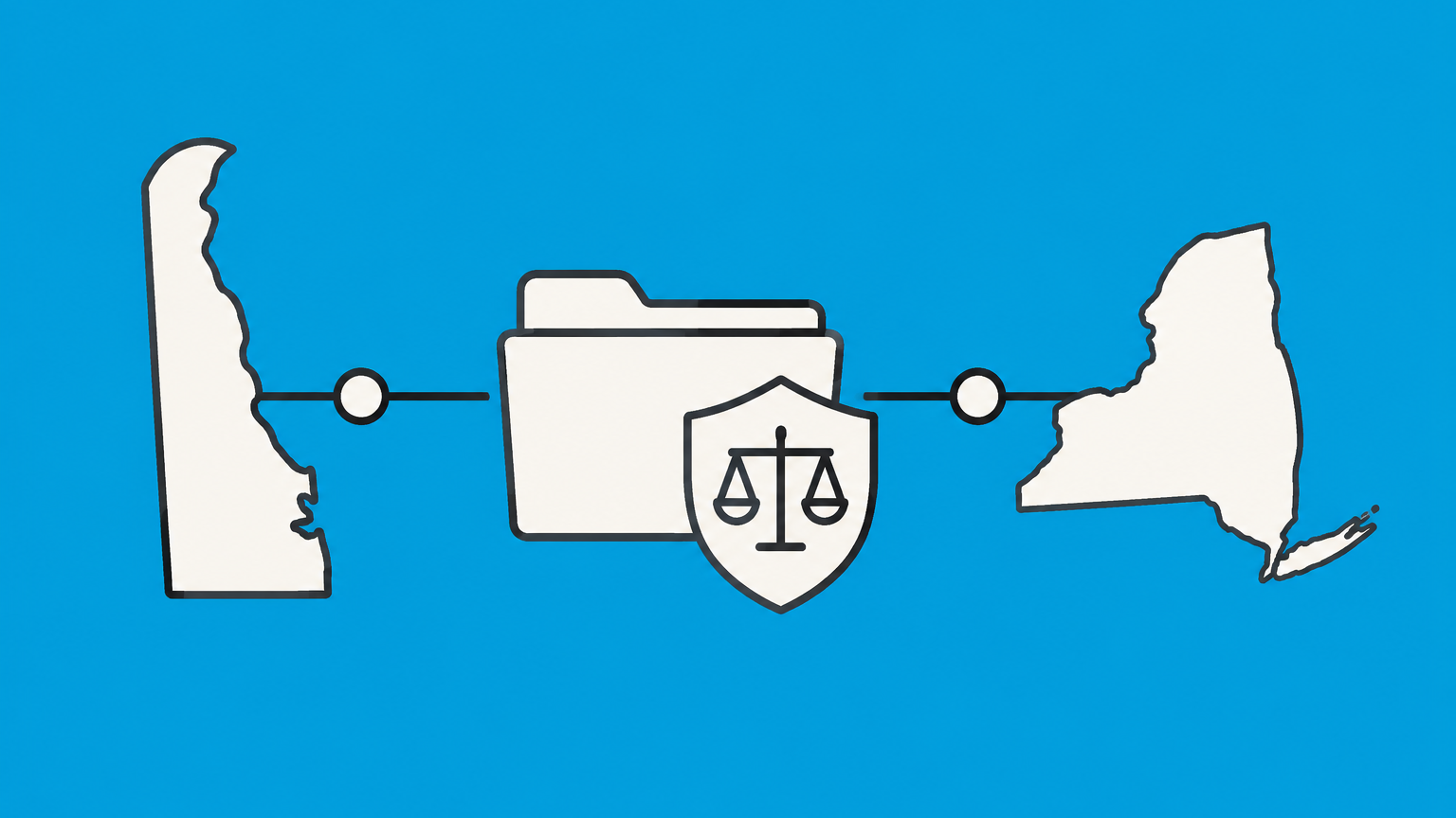 Flat illustration of a Delaware-shaped tile, an LLC folder, a shield, and a second-state checkpoint representing Delaware LLC advantages and tradeoffs.