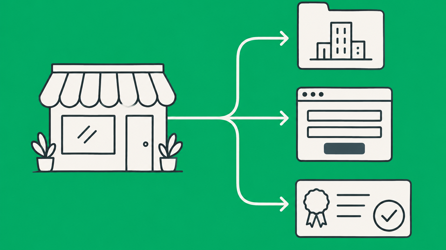 Flat illustration of a storefront connected to application and license checkpoints for a City of Denver business license.