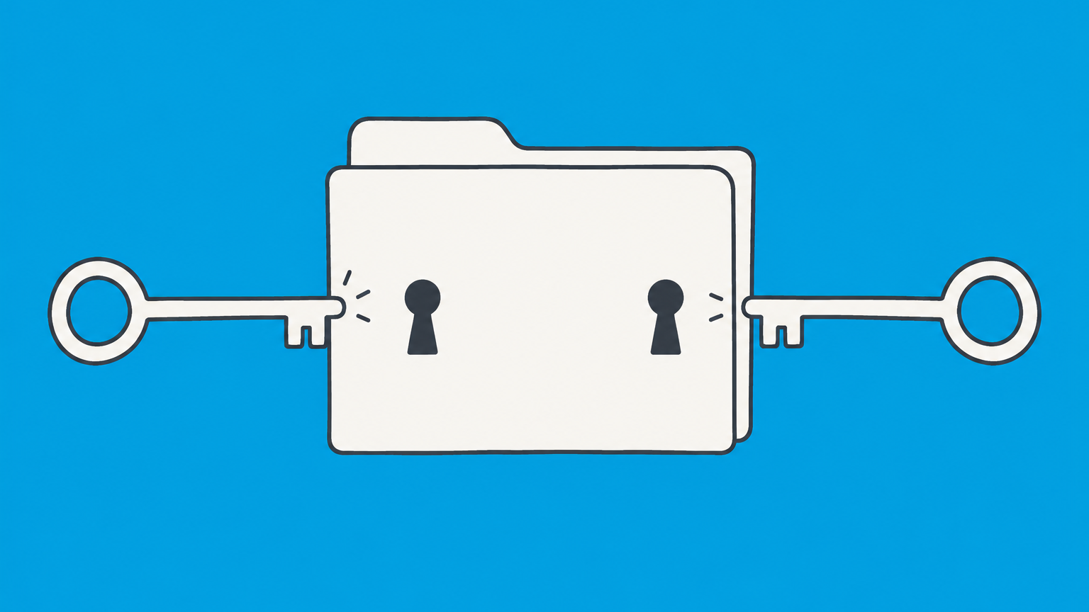 Flat illustration of two matching keys aligned with a document folder, representing competent parties to a contract.