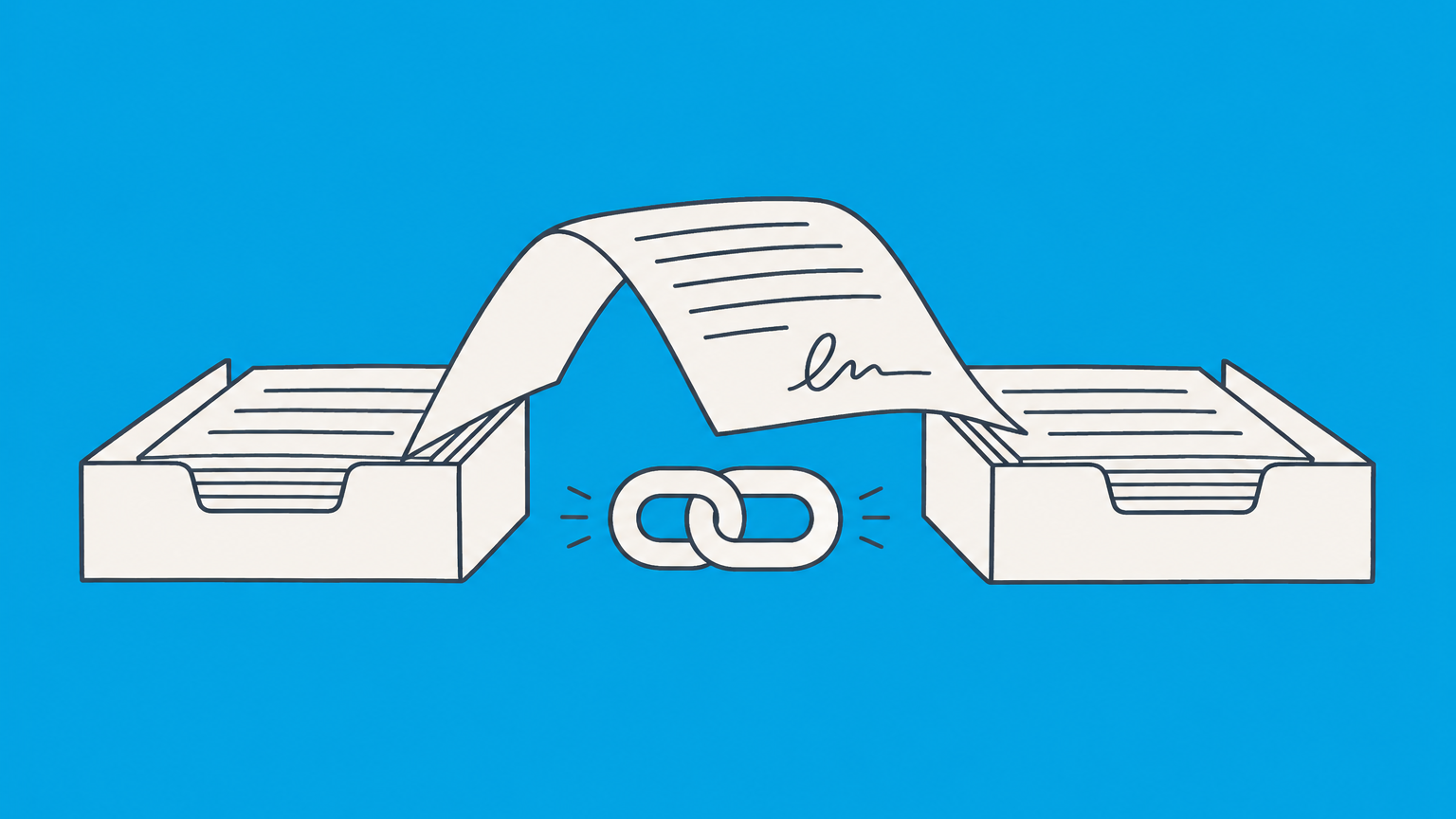 Flat illustration of a signed paper moving between document trays to represent a promissory note as a negotiable instrument.