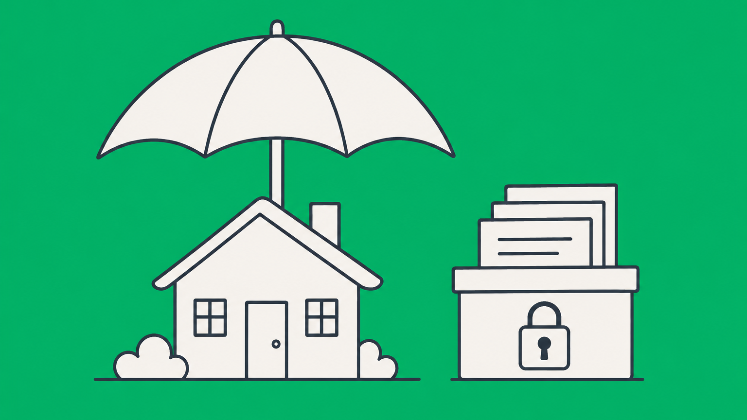 Flat illustration of a rental house beneath an umbrella beside a locked document box, representing umbrella insurance for rental property and LLC protection.