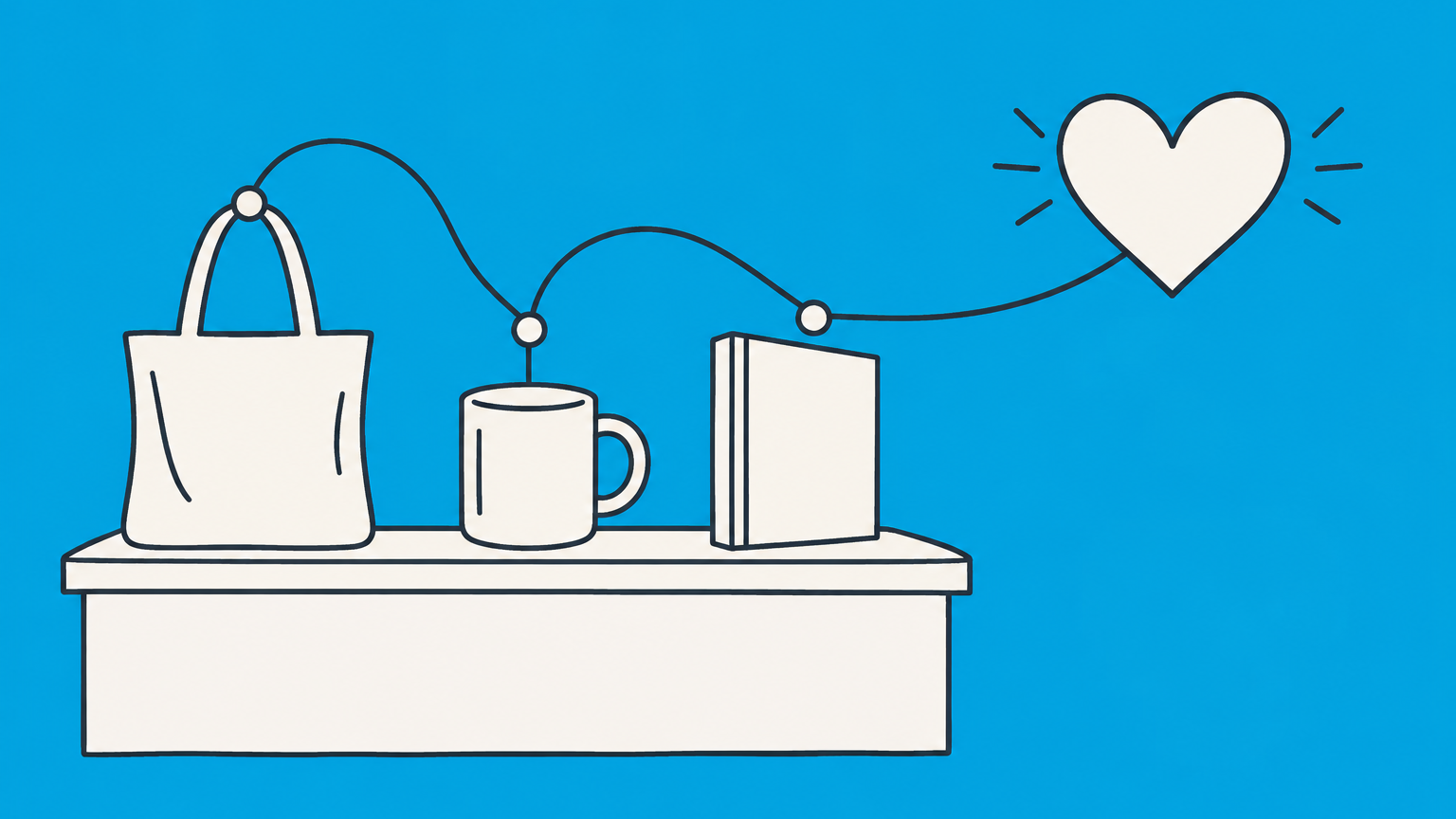 Flat illustration of nonprofit merchandise connected to a mission symbol, representing how nonprofits can sell products.