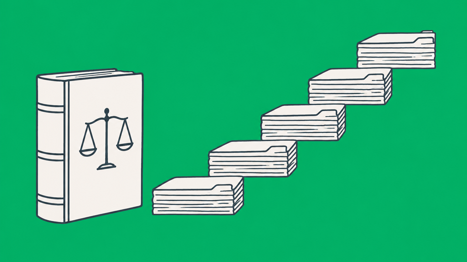 Flat illustration of case files forming steps beside a statute book to represent how judge-made law develops through precedent.
