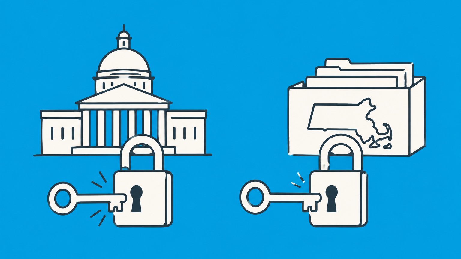 Flat illustration of two distinct keys opening federal and state locks for a Massachusetts EIN number and state tax registration.