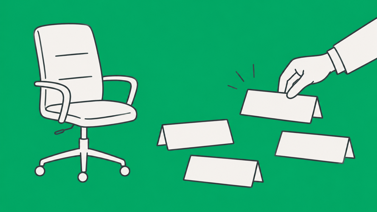 Flat illustration of a single office chair with interchangeable blank nameplates representing title choices for a single-member LLC.