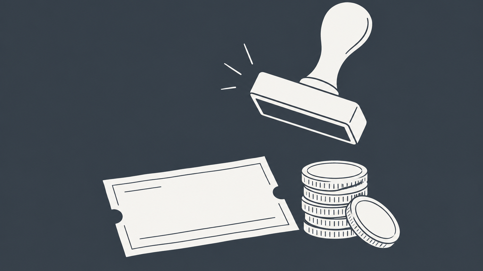 Flat illustration of a citation slip, stacked coins, and a penalty stamp representing the legal meaning of a fine.