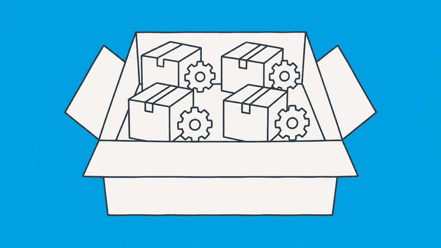 Flat illustration of a large container organizing several separate sealed boxes and gears to represent an LLC holding company structure.