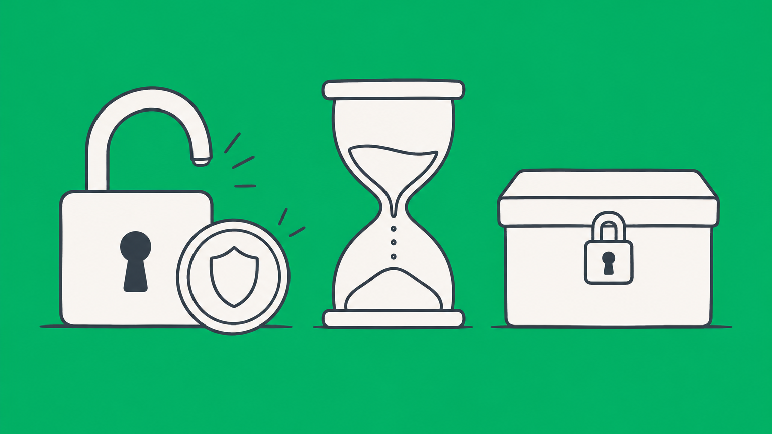 Flat illustration of an open padlock, claim token, hourglass, and asset box representing vested interest and delayed possession.