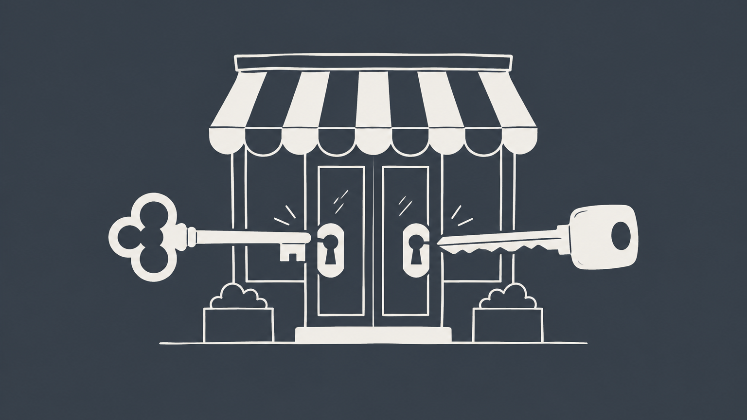 Flat illustration of two different keys opening locks on one storefront to represent business co-ownership.