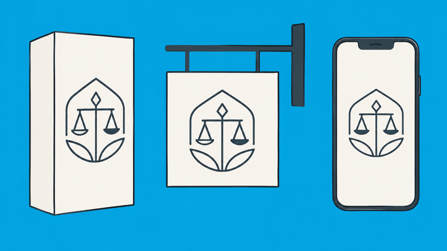Flat illustration of a geometric emblem applied across packaging, signage, and a mobile screen to represent a brand mark.