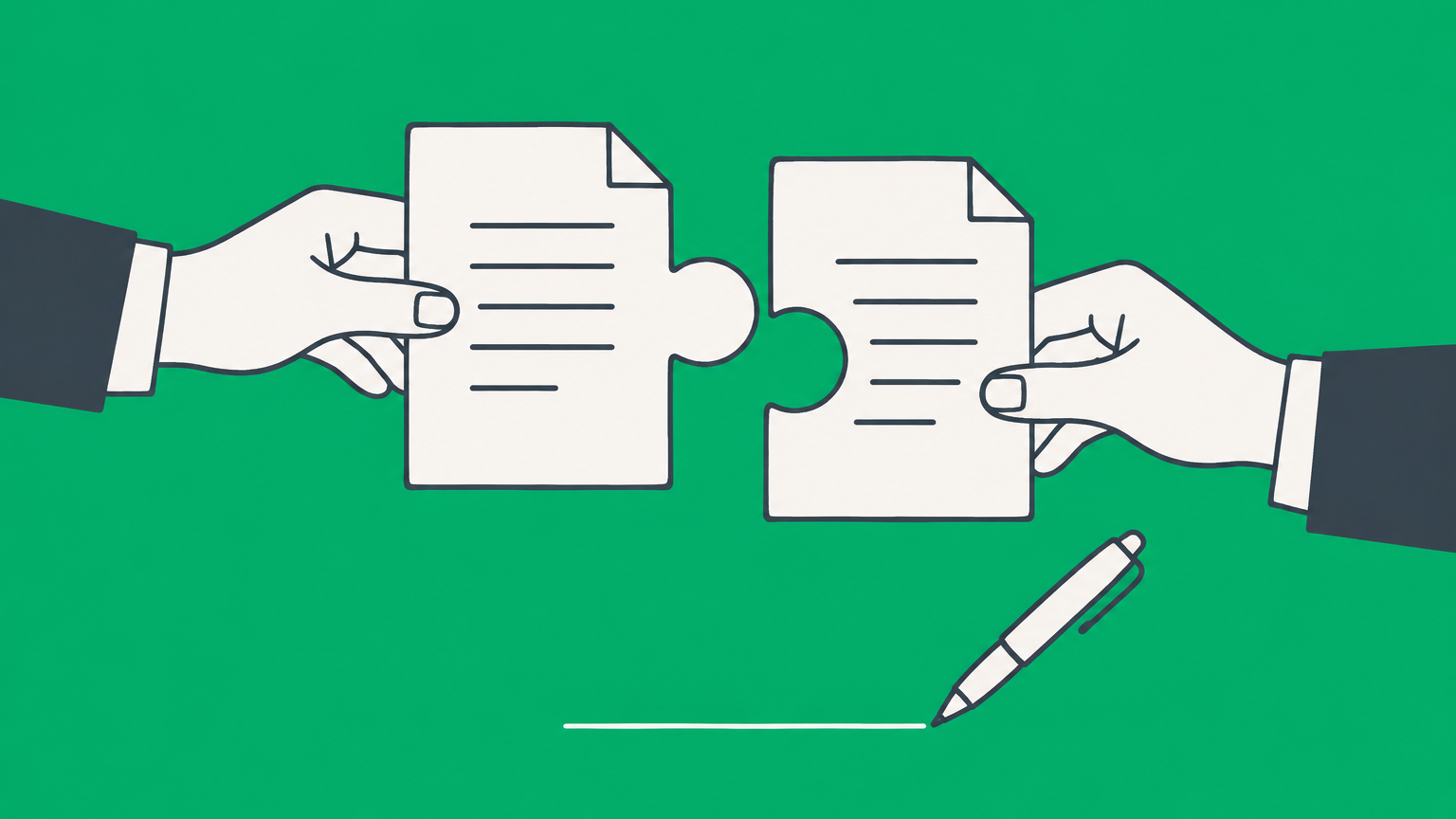 Flat illustration of document-shaped puzzle pieces being assembled beside a pen to represent making a legal contract without a lawyer.