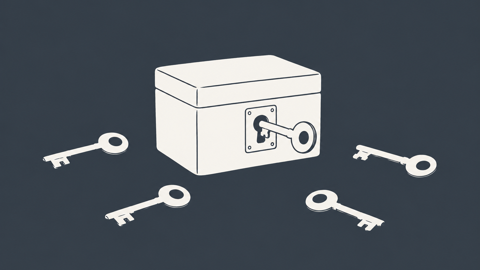 Flat illustration of several keys sharing access to one lockbox to represent multiple managing members of an LLC.