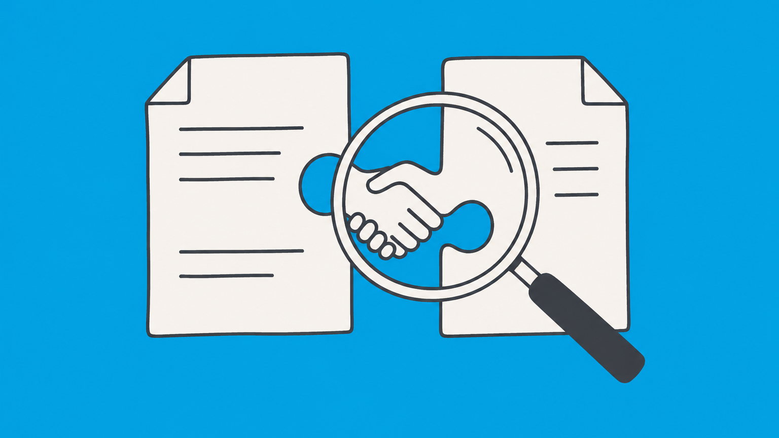 Flat illustration of two interlocking agreement pages and a magnifying glass representing contract lawyer review and negotiation.