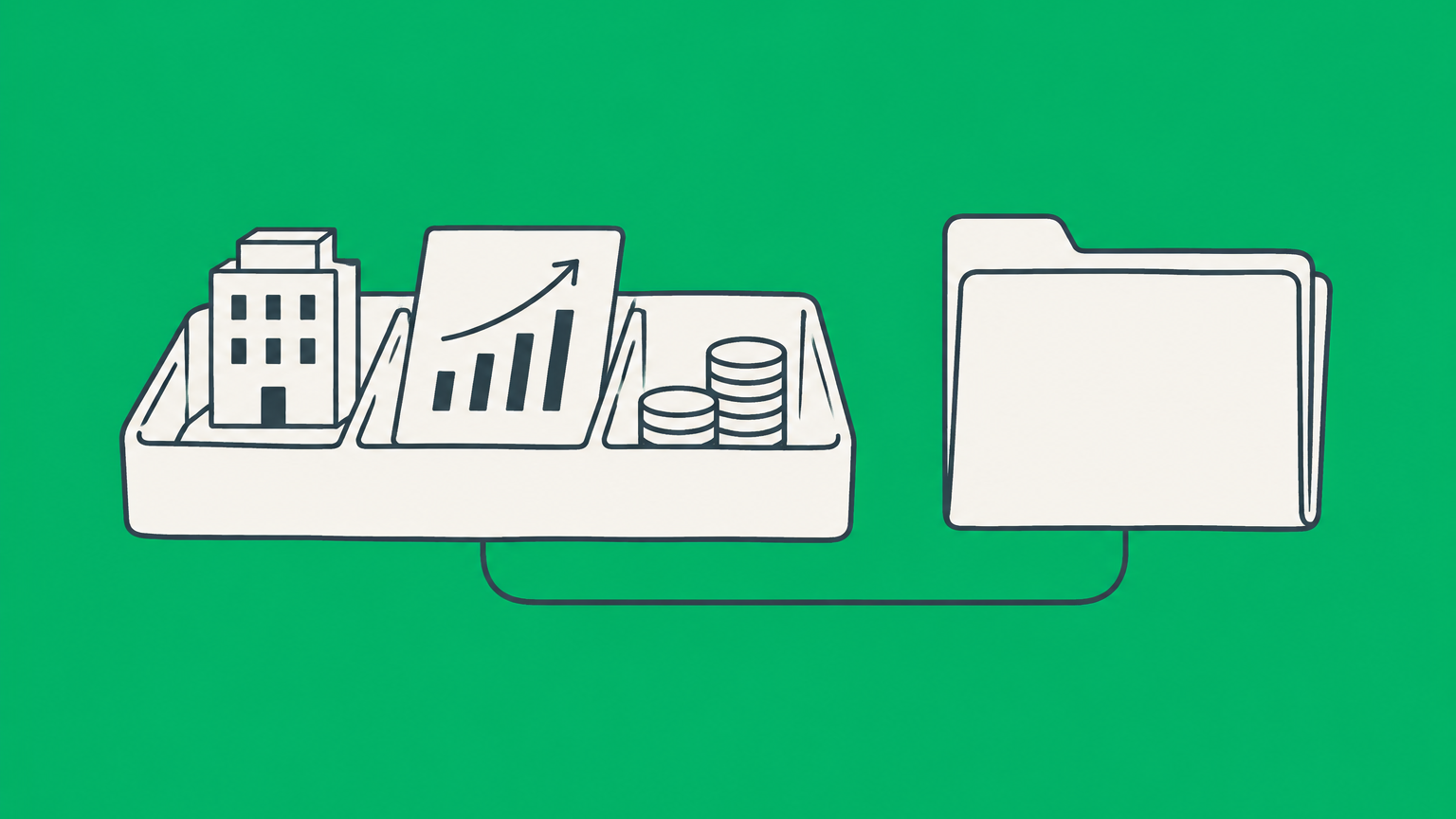 Flat illustration of a filing folder connected to a divided portfolio of assets representing an investment LLC.