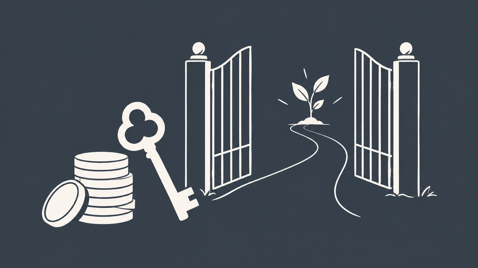 Flat illustration of a key and stacked coins opening a gated path toward a seedling to represent angel investor requirements.