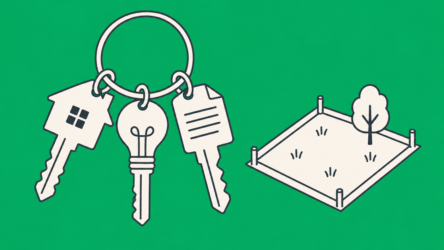 Flat illustration of a house key, lightbulb key, and document key representing proprietary rights in land, intellectual property, and contracts.