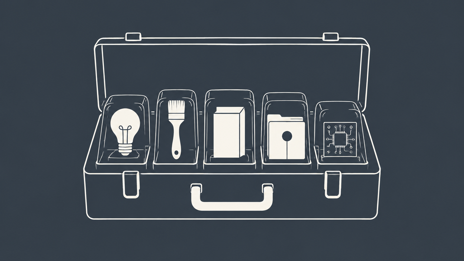 Flat illustration of an IP protection toolbox containing covered creative, brand, invention, and confidential-business assets to represent intellectual property law.