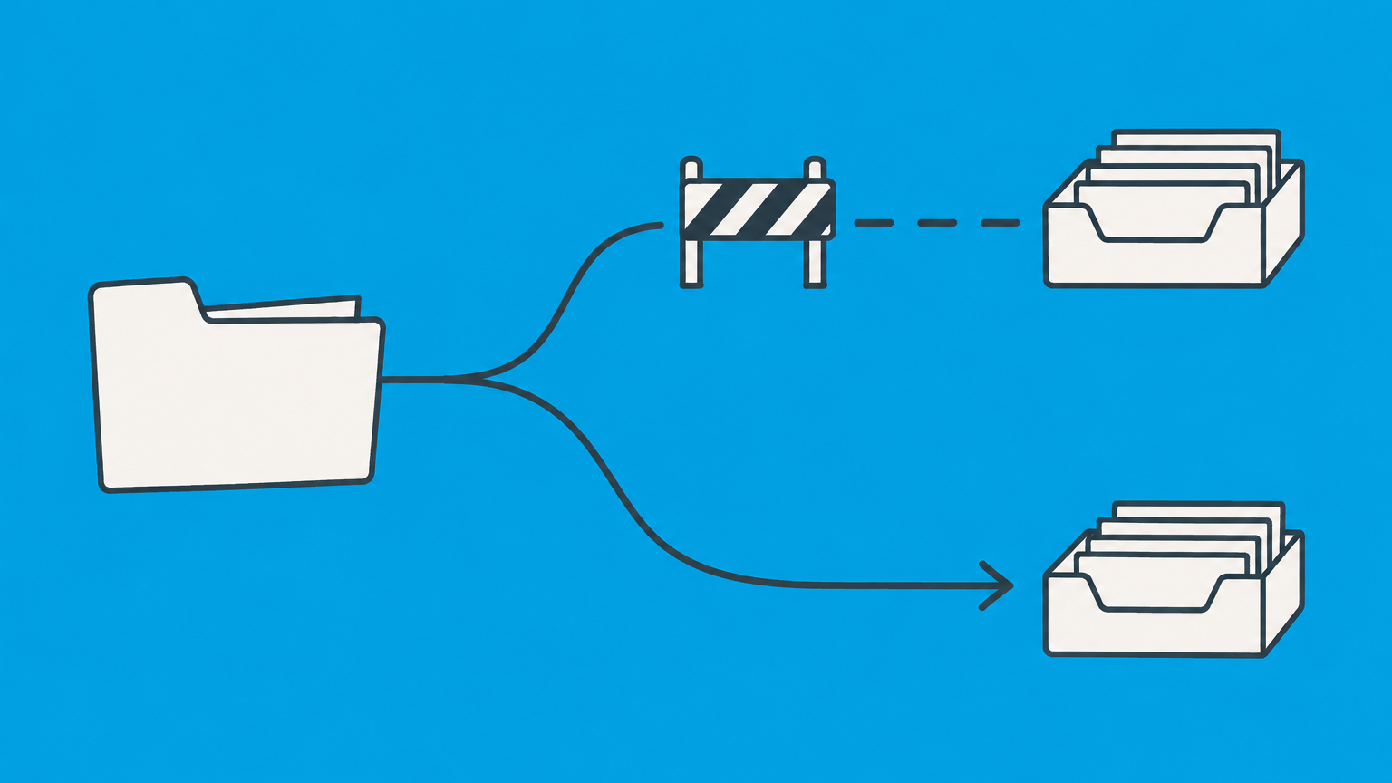 Flat illustration of one case folder splitting toward two filing trays to represent claim splitting in civil litigation.