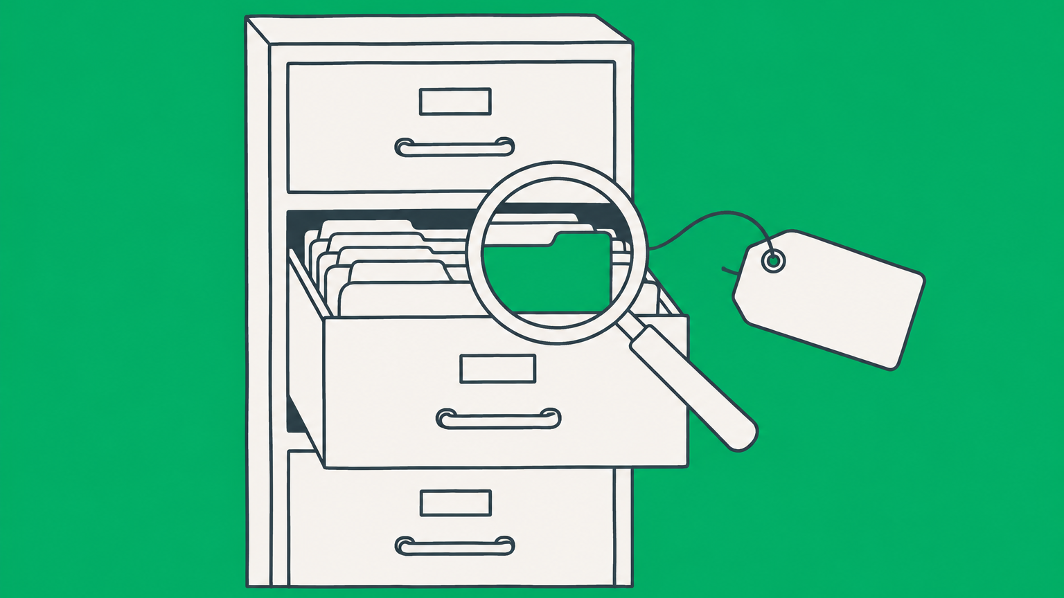 Flat illustration of a magnifying glass, business records folder, and reservation tag representing an Alabama business entity search.